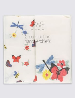 2 Pack Pure Cotton Butterfly Embroidered Handkerchiefs